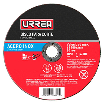 DISCO ABRASIVO TIPO 1 PARA ACERO INOXIDABLE 4-1/2"X3/64" URREA (AMSS04)